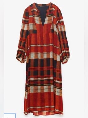 Zara Orange and Brown Plaid Maxi Dress